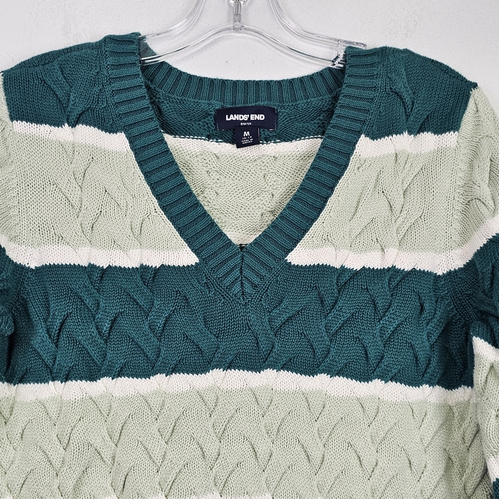 Lands End Drifter Sweater Green Stripes Cable Knit Pullover Cotton Sz M Academia - Picture 2 of 11